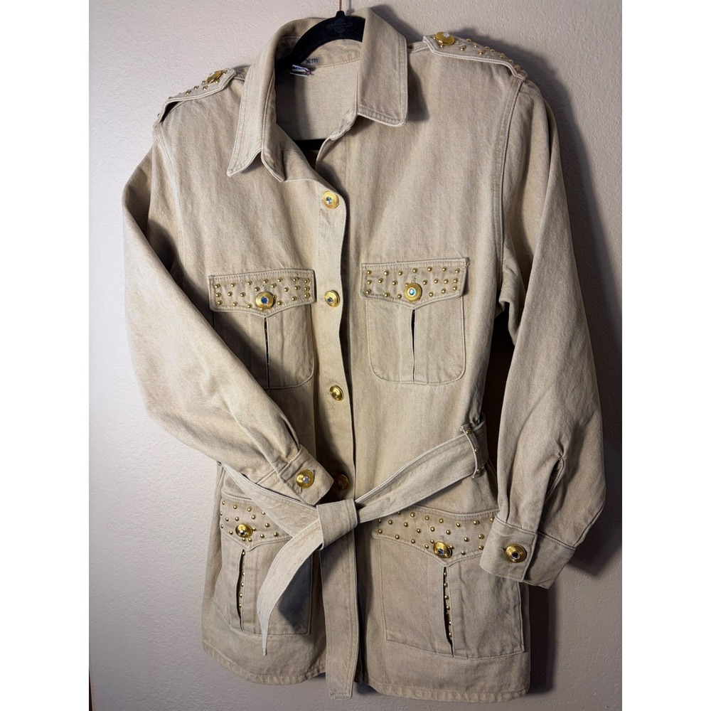 Vintage Opal by Hot Property Tan Studded Denim Safari Jacket Belted Khaki Large